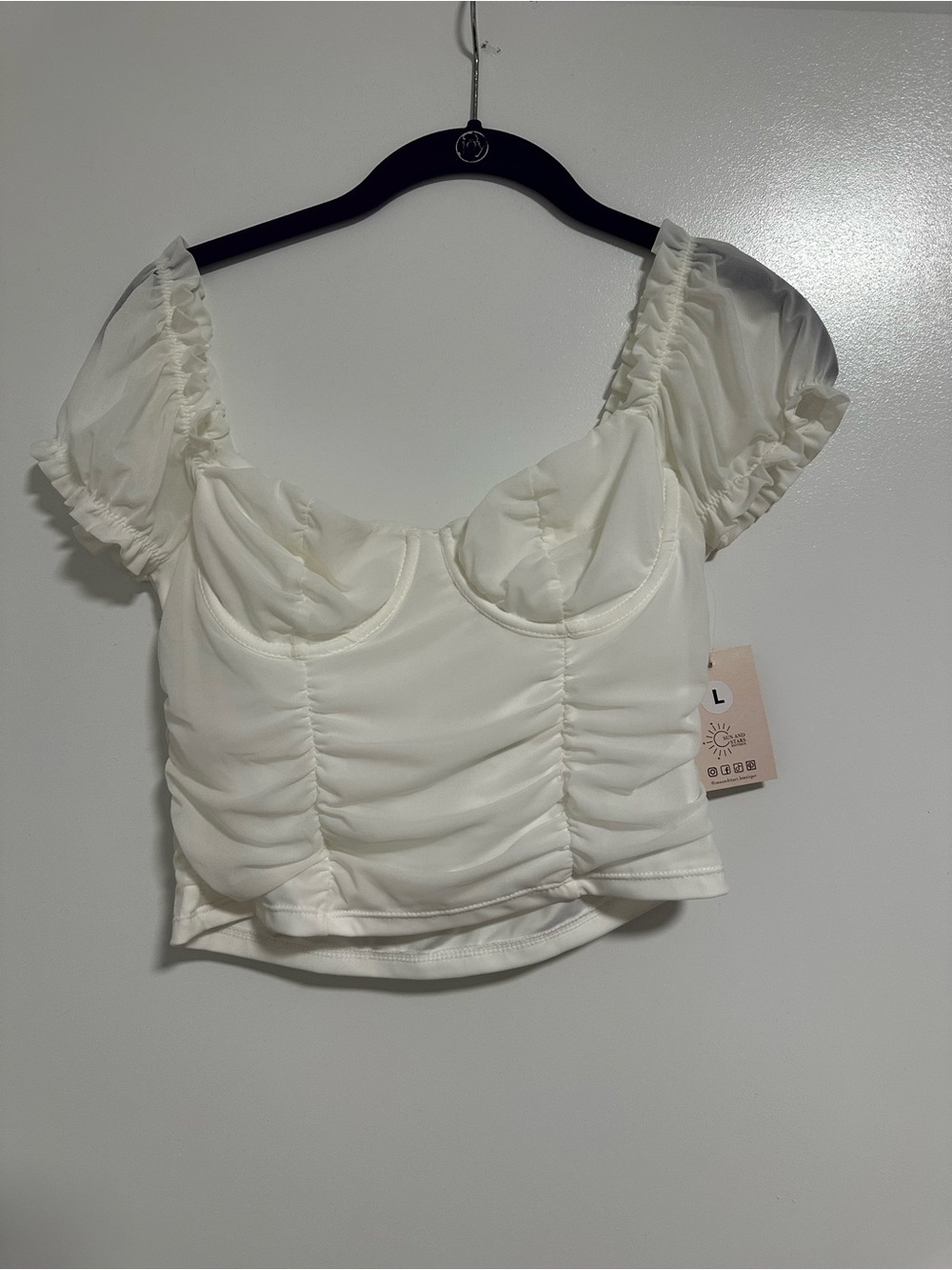 White Ruched Puff Sleeve Crop Top
